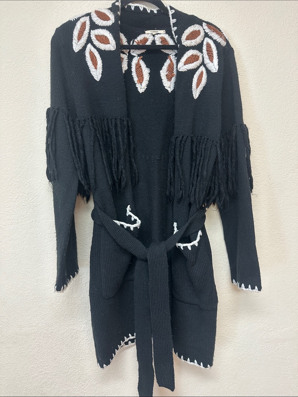 Tularosa womans Black Fringe Knit Cardigan Sweater with Leaf Embroidery size S